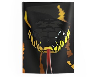Black and Yellow Mangrove Snake Face Indoor Wall Tapestry | Serpent Tongue Close-Up