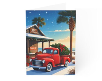 Red Vintage Truck with Christmas Tree Greeting Card | Holiday Cards (1,10,30,50)