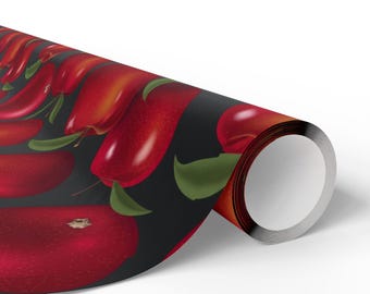 Red Apple Wrapping Paper - Shiny Apple Fruit Pattern on Black Gift Wrap