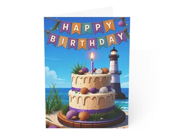 Beach Birthday Cake Greeting Card | Lighthouse Seaside Birthday Card