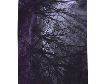 Dark Forest Nightscape Velveteen Plush Blanket | Spooky Tree Silhouette