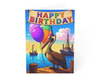 Pelican with Balloons Happy Birthday Card | Greeting Card