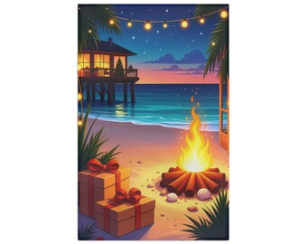 Beach Bonfire Scene Tea Towel | Coastal Sunset, Palm Lights