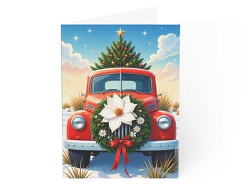 Vintage Red Truck with Christmas Tree Greeting Card | Holiday Card