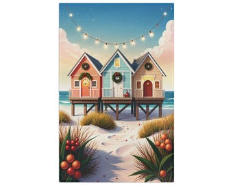 Beach Cottage Rowhouses Microfiber Tea Towel | Coastal Holiday Wreaths, String Lights