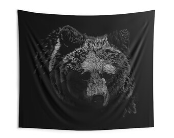 Hand-Drawn Grizzly Bear Scratch Art Indoor Wall Tapestry | Black White Animal Decor