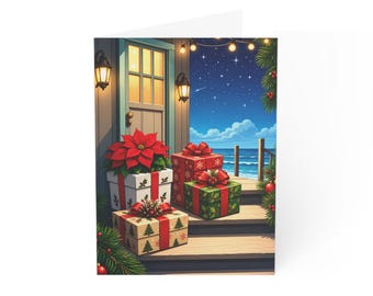 Coastal Christmas Porch with Presents Greeting Card