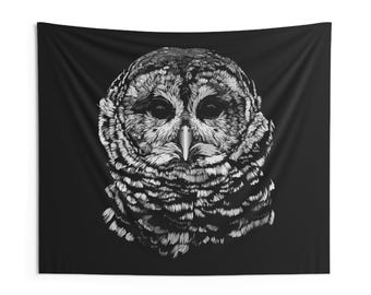 Monochrome Barred Owl Wall Tapestry | Black and White Wildlife Art