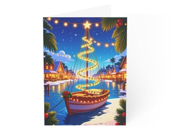 Boat Christmas Tree Greeting Card | Holiday Harbor Lights Scene