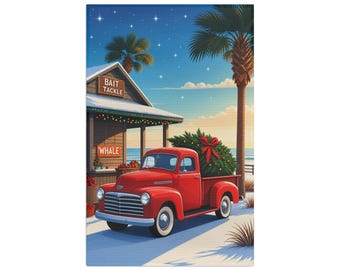 Red Vintage Truck with Christmas Tree Tea Towel | Coastal Holiday Kitchen Décor