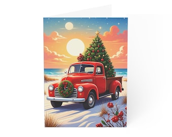 Red Vintage Truck with Christmas Tree Greeting Card | Holiday Card
