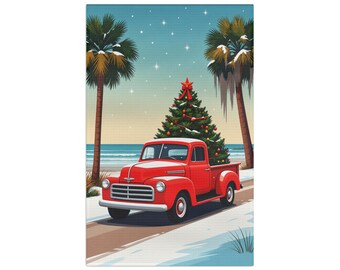 Red Vintage Truck with Christmas Tree Tea Towel | Coastal Holiday Kitchen