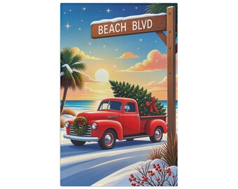 Red Vintage Truck with Christmas Tree Tea Towel | Beach Blvd Holiday Kitchen