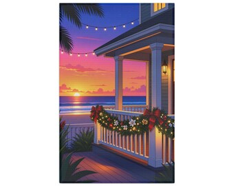 Coastal Sunset Porch with Holiday Garland Microfiber Tea Towel