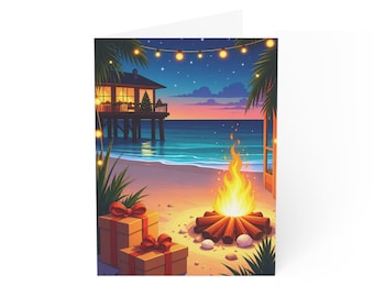 Beach Bonfire Scene Greeting Card | Sunset Coastal Card