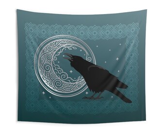 Celtic Moon Raven Indoor Wall Tapestry | Gothic Moonlight Decor