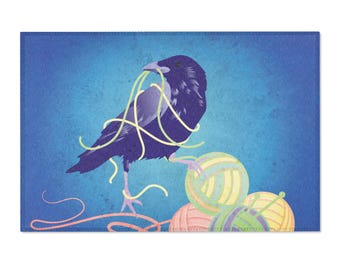 Crow with Yarn Area Rug | Cute Bird Illustration, Playful Knitting Design