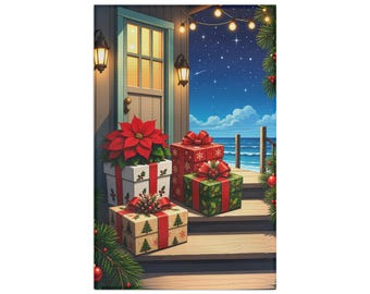Coastal Christmas Porch with Wrapped Presents Microfiber Tea Towel