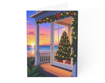 Coastal Christmas Tree Greeting Card | Holiday Sunset Beach Scene