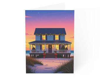 Cozy Beach House Holiday Card greeting card | Blank Inside, Sunset Beach Cottage Scene