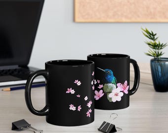 Hummingbird and Cherry Blossoms Mug | Black Ceramic Coffee Cup