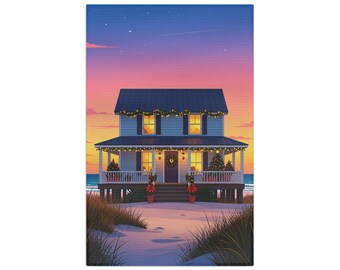 Cozy Beach House Microfiber Tea Towel | Sunset Cottage Seaside Scene