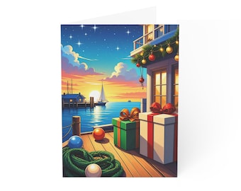 Coastal Harbor Sunset with Presents Greeting Card