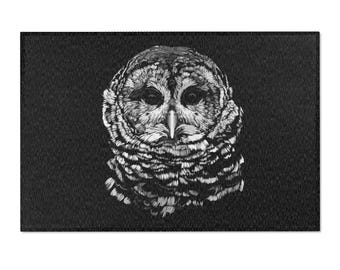 Monochrome Barred Owl Area Rug | Black White Wildlife Mat