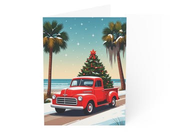 Vintage Red Truck with Christmas Tree Greeting Card | Beach Holiday Card