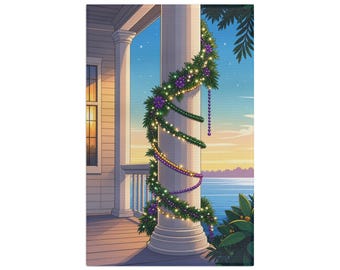 Mardi Gras Porch Column Tea Towel | Beads, Garland, Sunset Coastal Scene