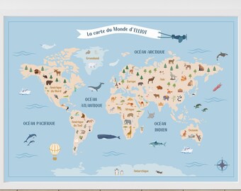 Affiche Carte du Monde géante pour enfant, Mappemonde personnalisée | EN FRANÇAIS