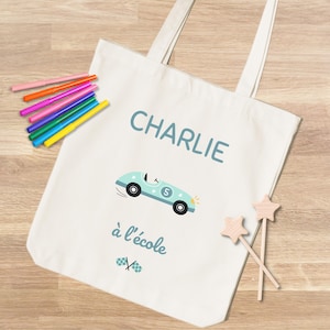 Tote Bag personnalisable bébé et enfant en coton épais, Modèle Voiture Turquoise