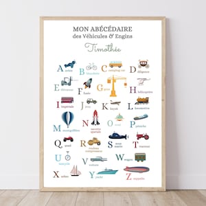 Personalisiertes Poster ABC der Fahrzeuge und Maschinen, Geschenk für Kind und Baby, pädagogisches Poster