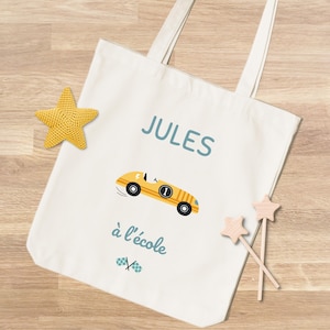 Tote Bag personnalisable bébé et enfant en coton épais, Modèle Voiture Jaune