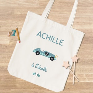 Tote Bag personnalisable bébé et enfant en coton épais, Modèle Voiture Bleue