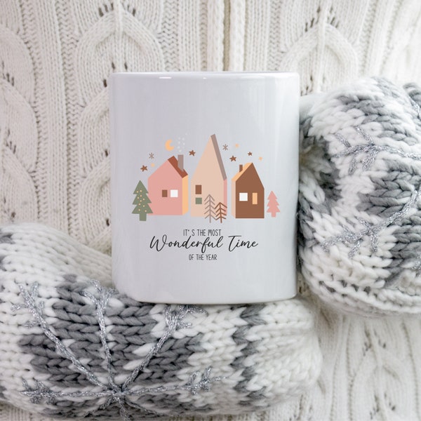 Mug en céramique de Noël personnalisé, Modèle Maisons de Noël style Boho