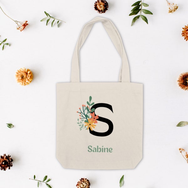 Totebag personnalisable en coton épais, Modèle Initiale Florale Vert kaki, jaune, orange