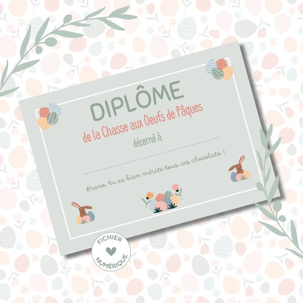 Diplôme de Chasse aux Œufs de Pâques pour enfants, modèle Lapin brun et œufs