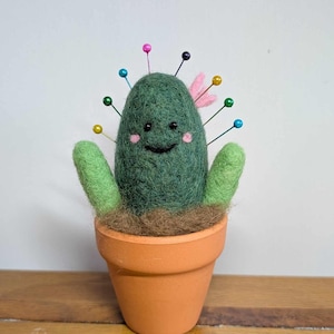 Needle Felted Cactus Pincushion, Wool Desk Buddy, Terracotta Pot Gift