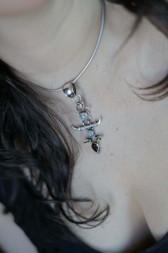 Vintage Gemstone Necklace Sterling Multi-Gem Pend… - image 3