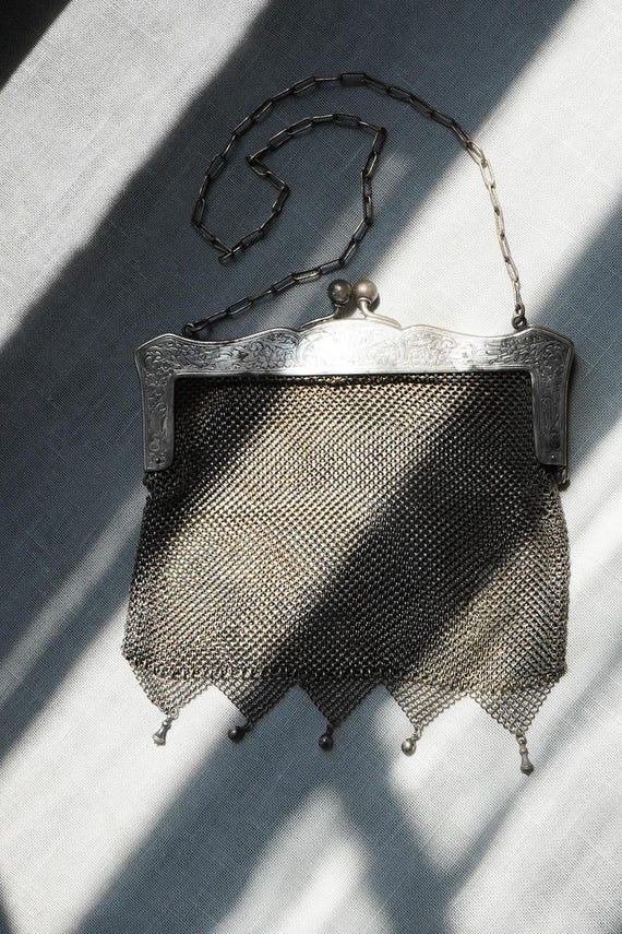 German Silver Purse | Mesh Metal Evening Bag | Antique 1920's Flapper Handbag