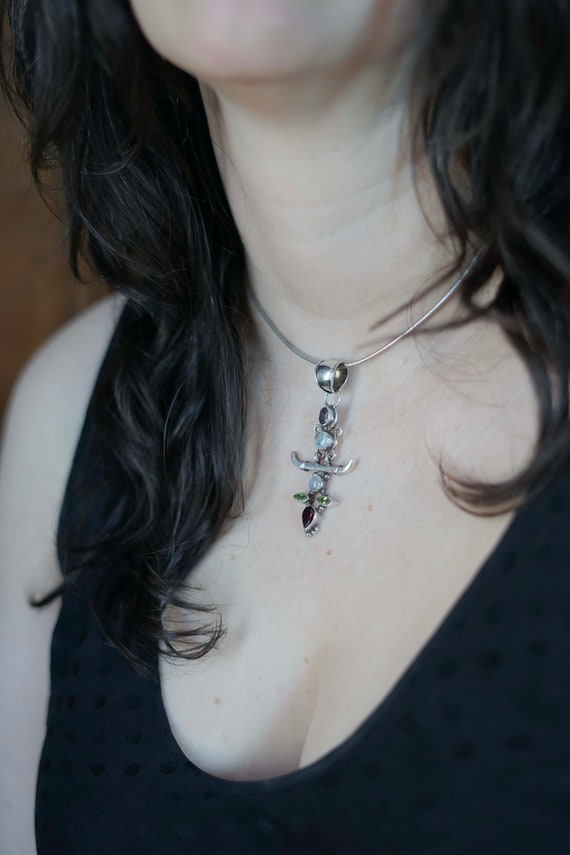 Vintage Gemstone Necklace Sterling Multi-Gem Pend… - image 1