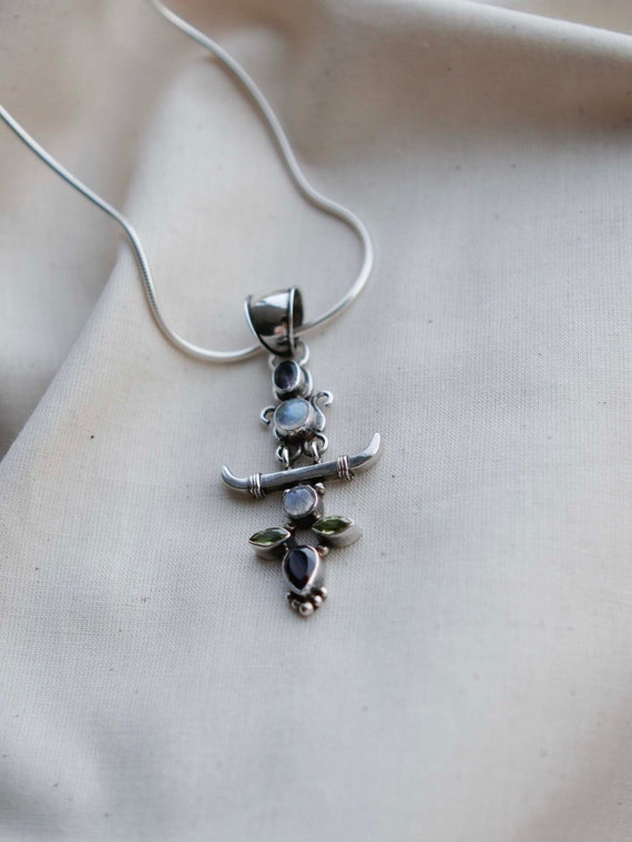 Vintage Gemstone Necklace Sterling Multi-Gem Pend… - image 7