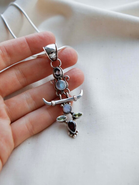 Vintage Gemstone Necklace Sterling Multi-Gem Pend… - image 6