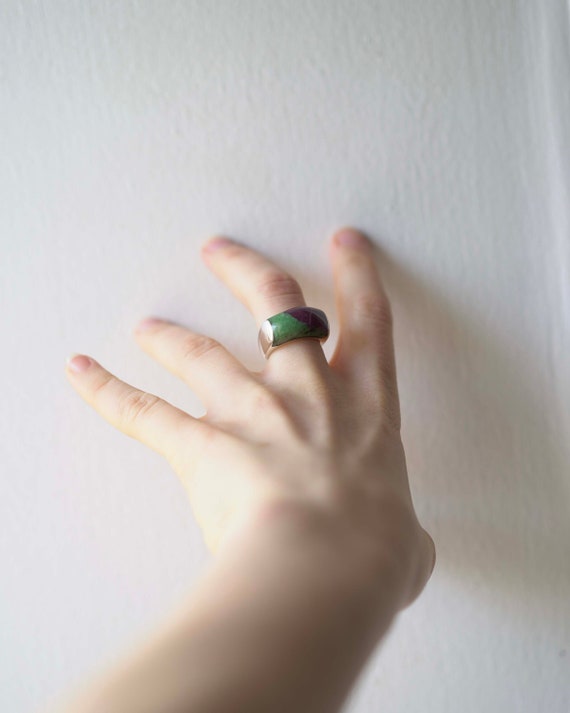 Vintage Ruby Zoisite Ring Sterling Silver Chunky … - image 3