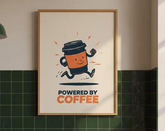 Powered by Coffee Wall Art | Coffee Lover Print | Retro Coffee Poster | Kitchen Wall Decor | Café Art Printable