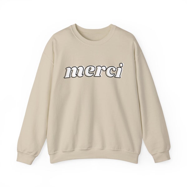 Merci French Print Unisex Crew Neck Sweatshirt, Gifts for Women, Colorful Letter Rainbow Sweater, Thanksgiving, Cozy Sweater