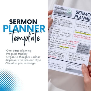 May include: A printable sermon planner template with the title "Sermon Planner Template" in black text. The template includes sections for "Date of Sermon", "Sermon Title", "Initial Ideas", "Main Point Summary", "Response/Ministries", "Verses to Prepare", "Length/Slides/Time", and "22 minutes".