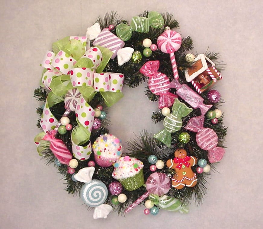GINGERBREAD SWEET SHOP Wreath front door cupcake pastel candy gumballs lollipops ribbon bow