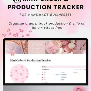Puede incluir: Una pantalla de ordenador muestra una plantilla rosa y blanca "Mini Order & Production Tracker" para negocios hechos a mano. La pantalla muestra una lista de tareas con estados como "En curso" y "Completado". La plantilla es totalmente editable y funciona en todos los dispositivos.